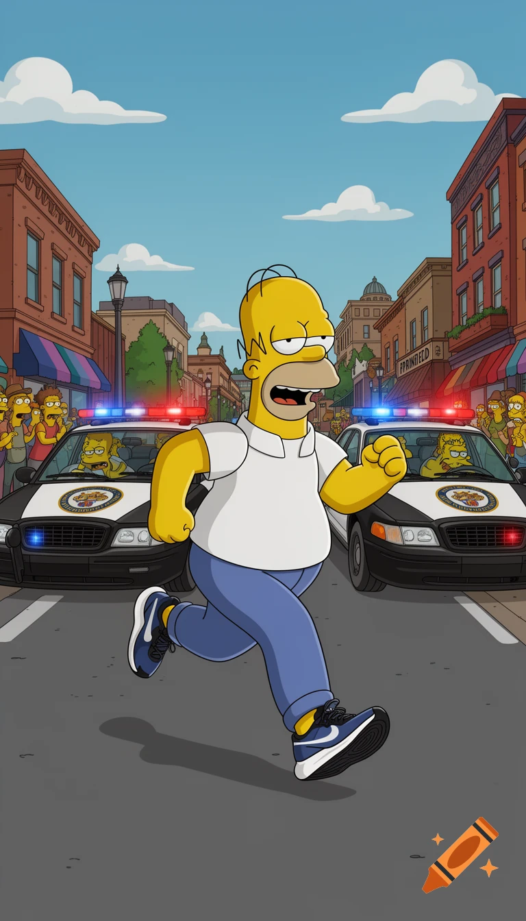 Homer Simpson runs in the street while being chased by two police cars in a cartoon style.
