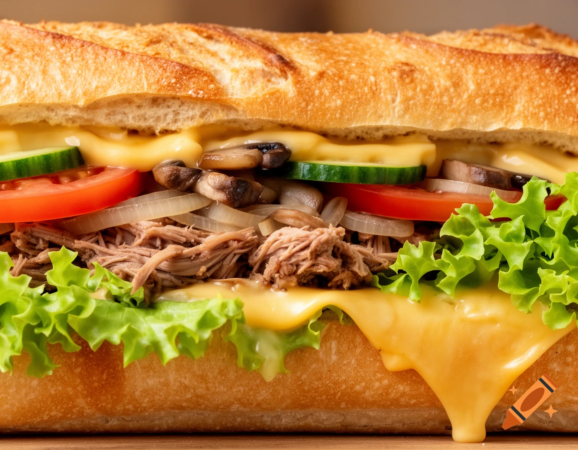 Close-up photorealistic image of a baguette sandwich filled with pulled pork, vegetables, and melting cheese.