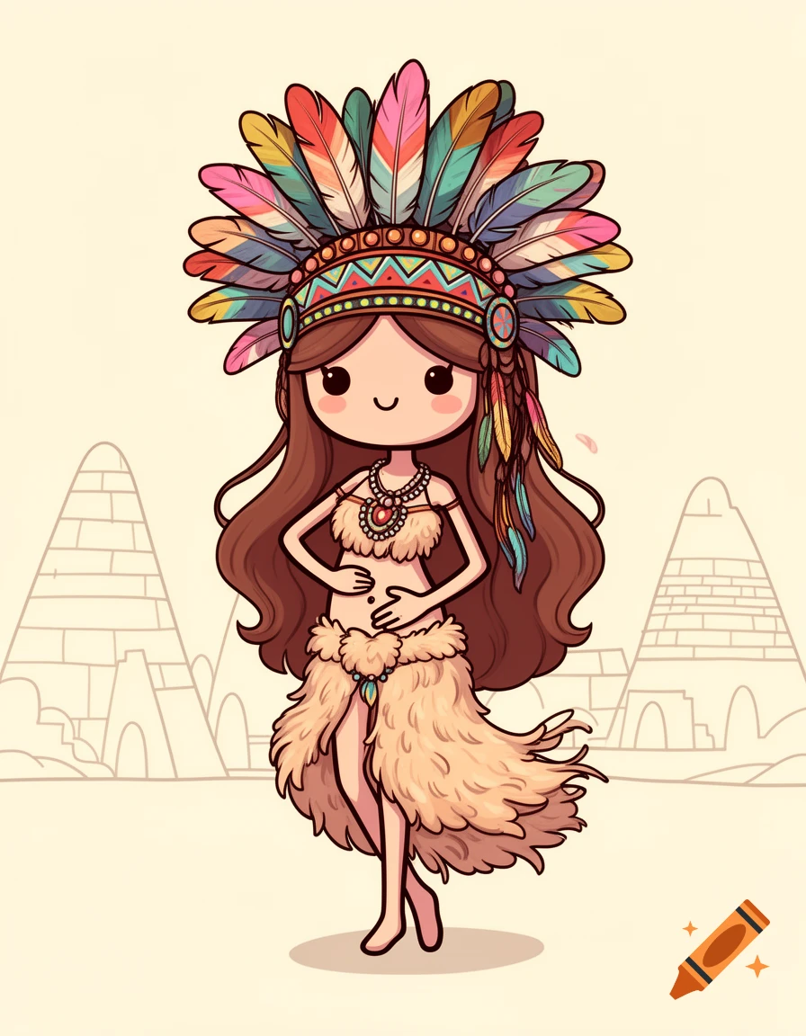 A cute kawaii cartoon girl with a large colorful feather headdress and a fluffy skirt, patting her belly, with outline pyramids in the background.