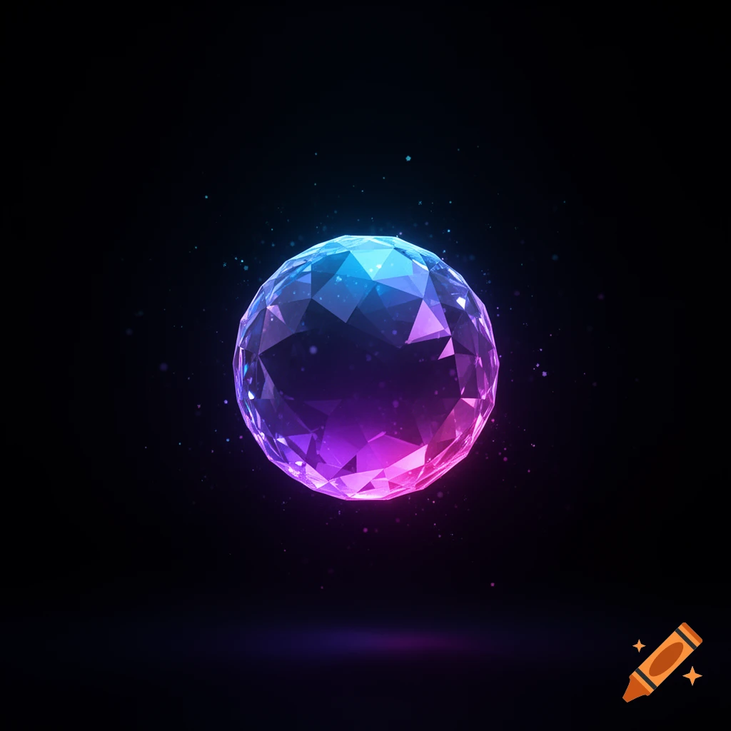 A glowing, faceted crystal sphere floats in darkness, radiating electric blue, purple, and pink neon light with subtle particles around it.