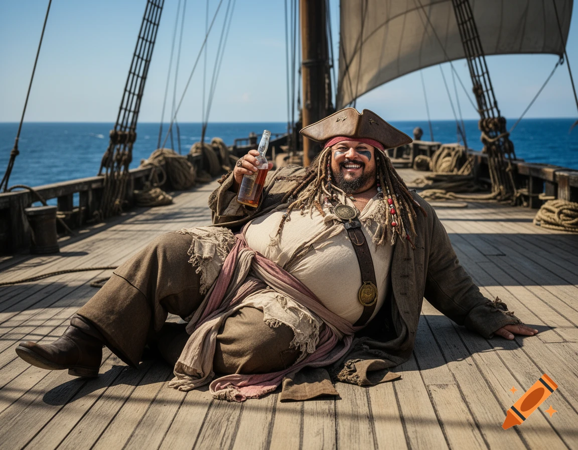 A smiling obese pirate, resembling Jack Sparrow, reclines on a wooden ship deck holding a bottle, with the blue sea behind.