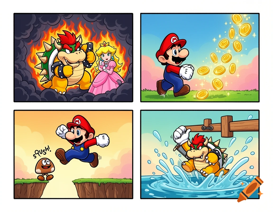 A four-panel cartoon comic strip featuring Super Mario characters. Panel 1: Bowser kidnapping Princess Peach amidst fire. Panel 2: Mario collecting gold coins. Panel 3: Mario jumping over a gap and a Goomba saying "sQush!". Panel 4: Bowser falling into water.