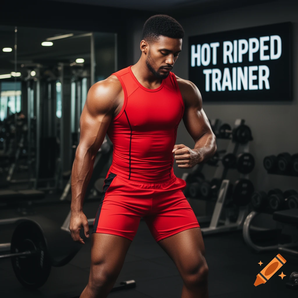 Muscular man in red gym attire posing in a gym with a 'HOT RIPPED TRAINER' sign.