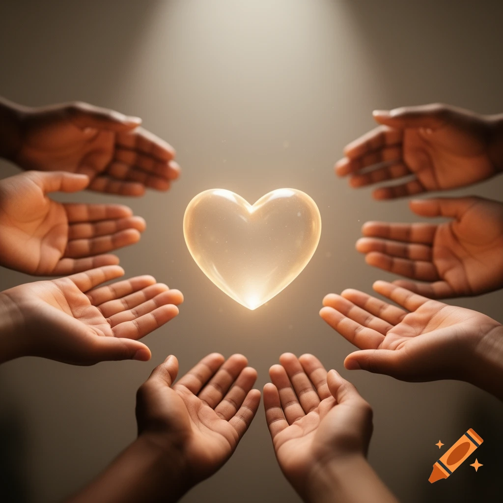 A glowing, translucent heart surrounded by many hands reaching towards it.