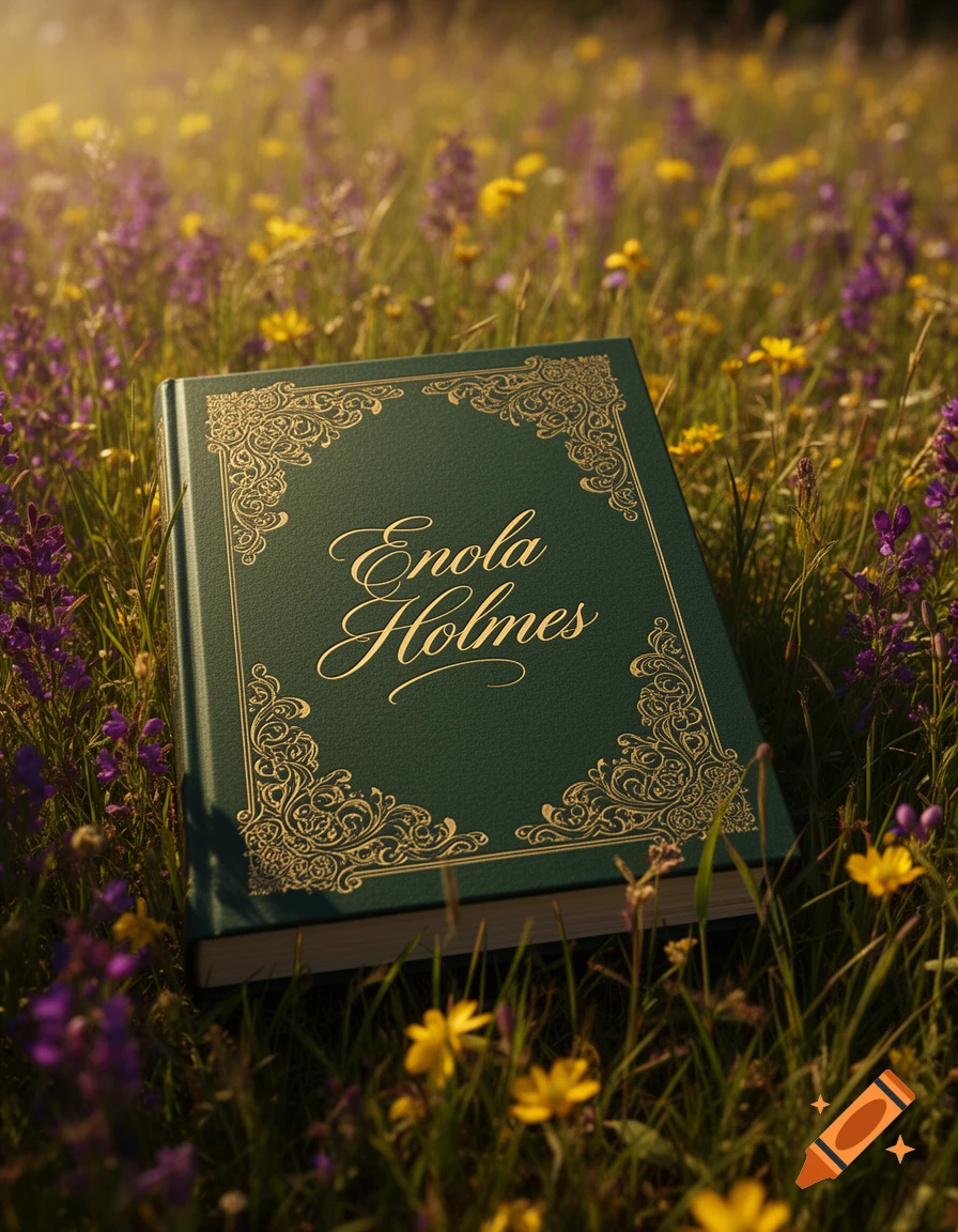Dark green book with gold 'Enola Holmes' title and floral embellishments lies in a sunlit field of purple and yellow wildflowers.
