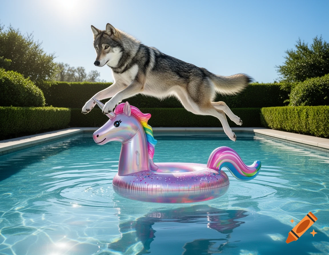 A photorealistic wolf leaps over a rainbow unicorn pool float in a bright blue swimming pool.
