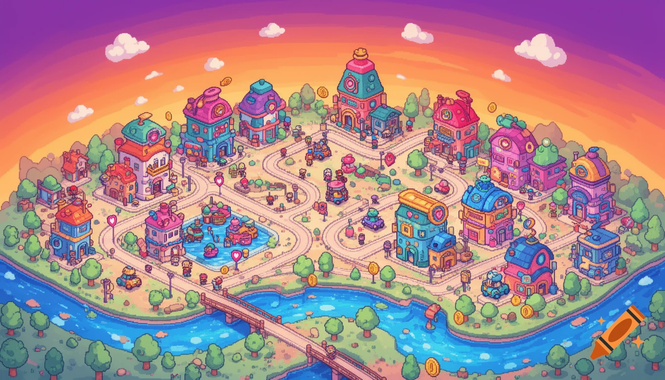 An isometric pixel art cartoon city with colorful buildings, roads, a river, and tiny people under an orange and purple sky.