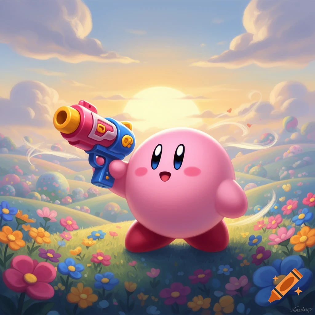 Pink Kirby holds a colorful toy gun in a cheerful field of flowers under a sunset sky, cartoon style.