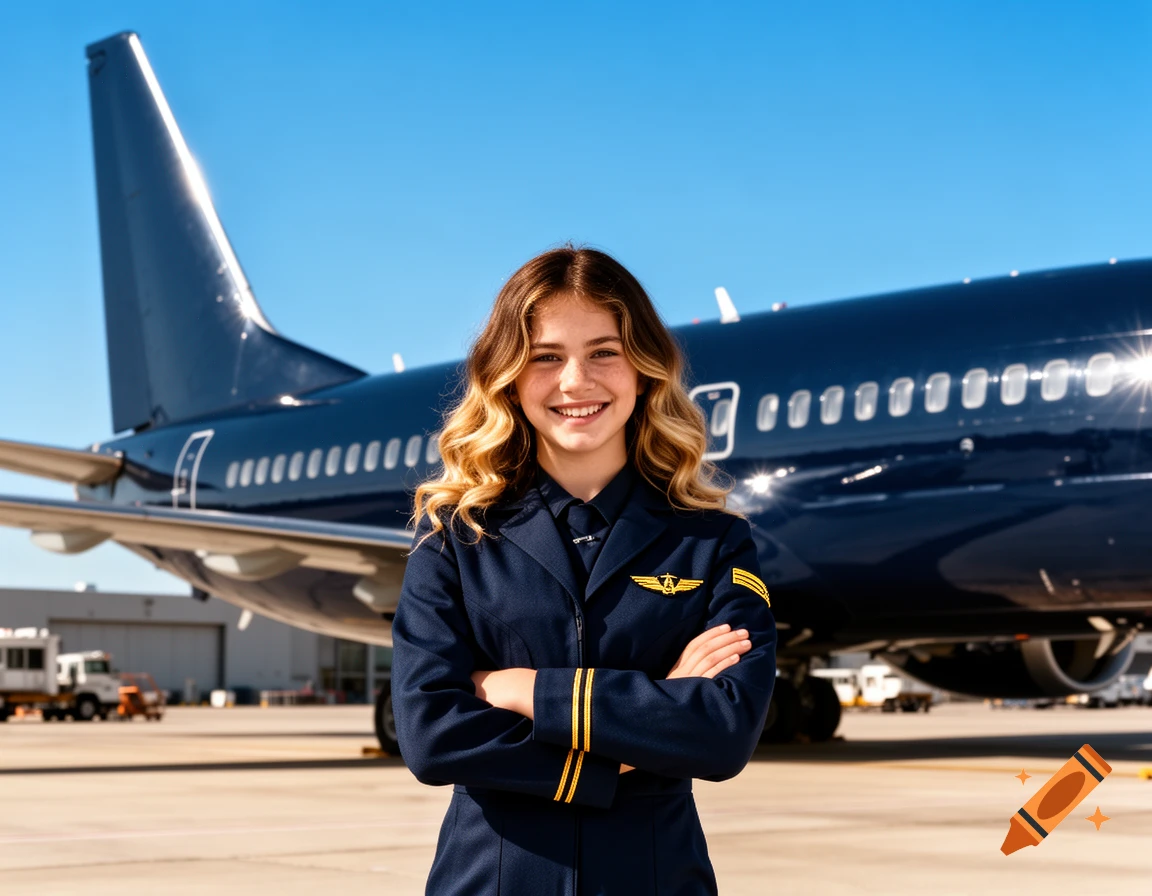 A smiling girl in a navy blue pilot uniform stands with arms crossed in front of a large navy blue airplane at an airport.