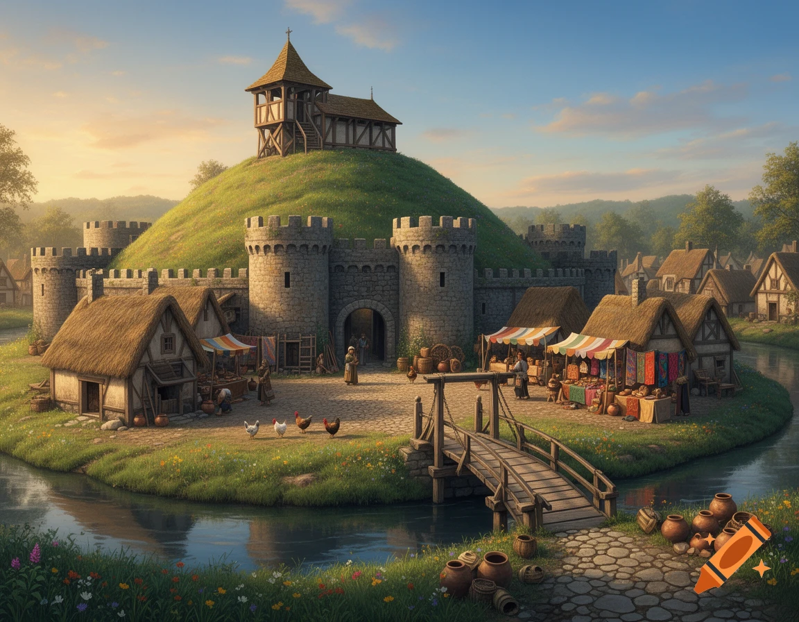 A scenic medieval village with a castle on a grassy hill, market stalls, thatched-roof houses, a winding river, and a wooden bridge.