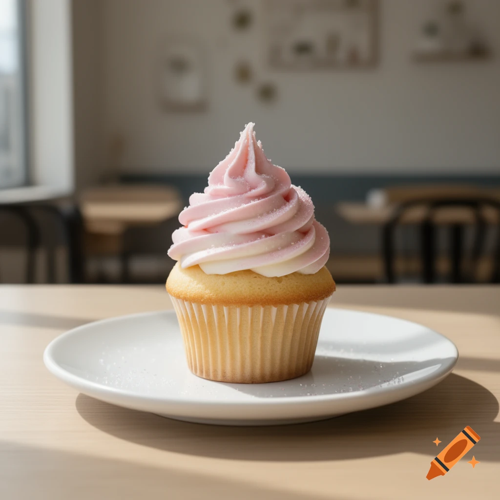 Photorealistic vanilla cupcake with pink and white swirled frosting on a white plate, set on a wooden table in a cafe.