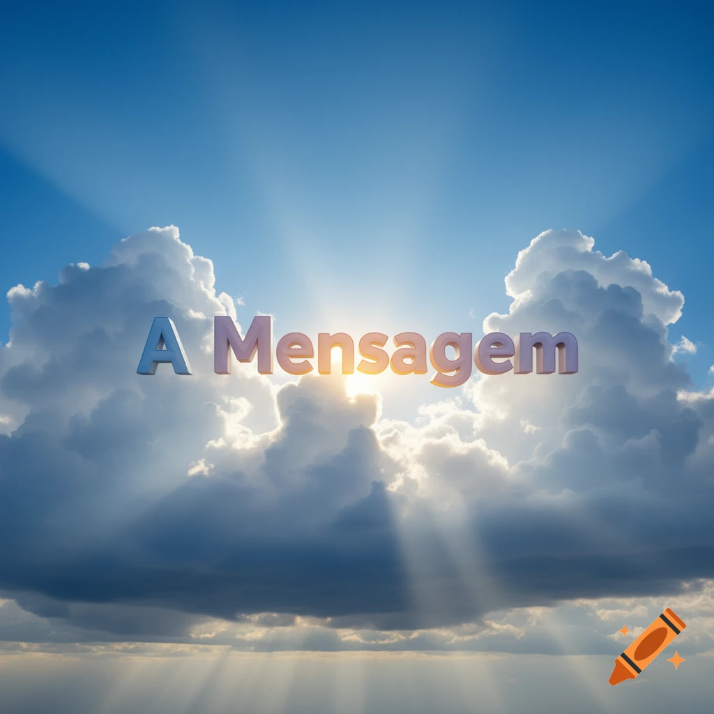 3D text 'A Mensagem' floats above bright white clouds with sun rays piercing through a blue sky.