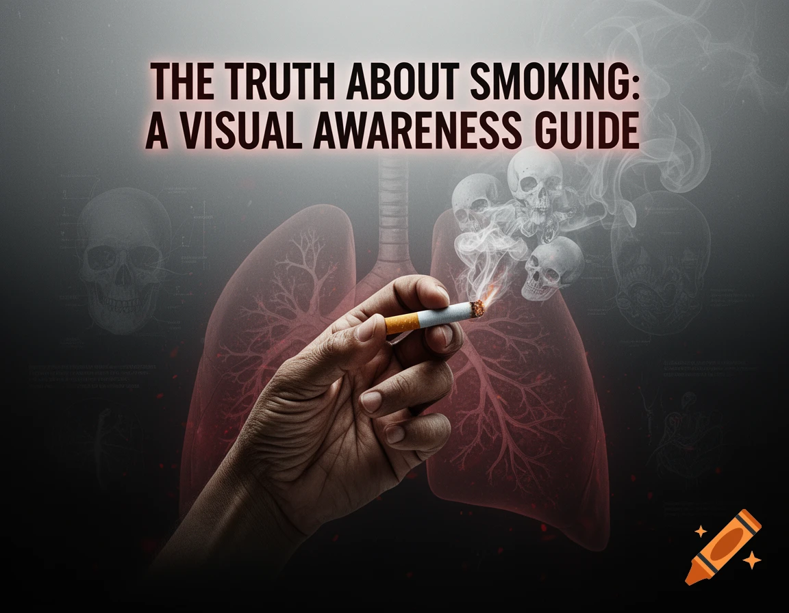 Hand holding a lit cigarette with smoke forming skulls, against a backdrop of human lungs and skeletal drawings. Title reads 'THE TRUTH ABOUT SMOKING: A VISUAL AWARENESS GUIDE'.