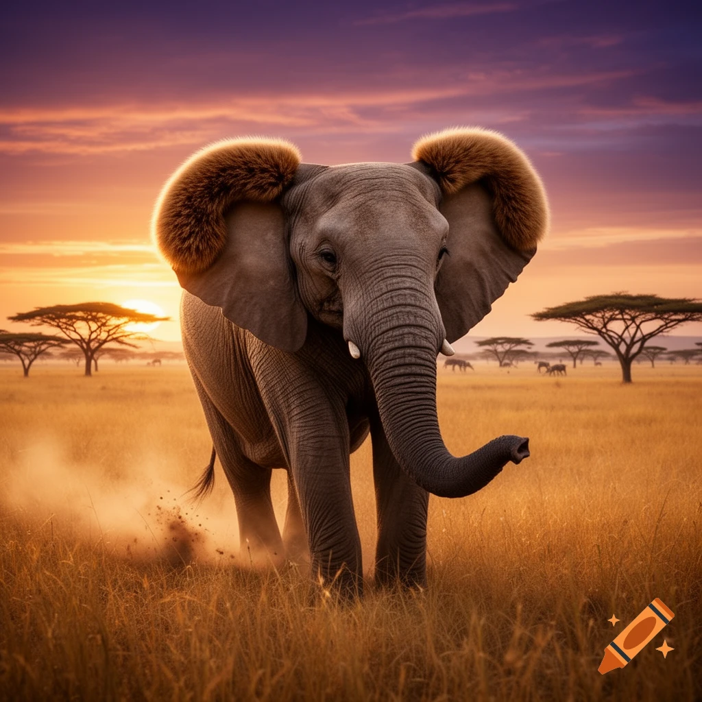 A photorealistic elephant with fluffy bear-like ears stands in a golden savanna at sunset, kicking up dust.