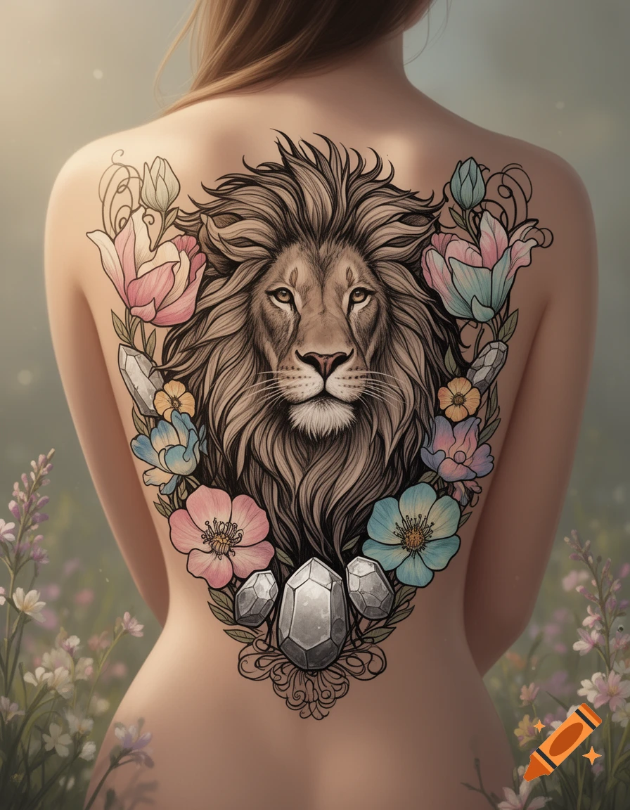 A detailed back tattoo featuring a lion's head, pink and blue flowers, and crystals on a person's bare back.