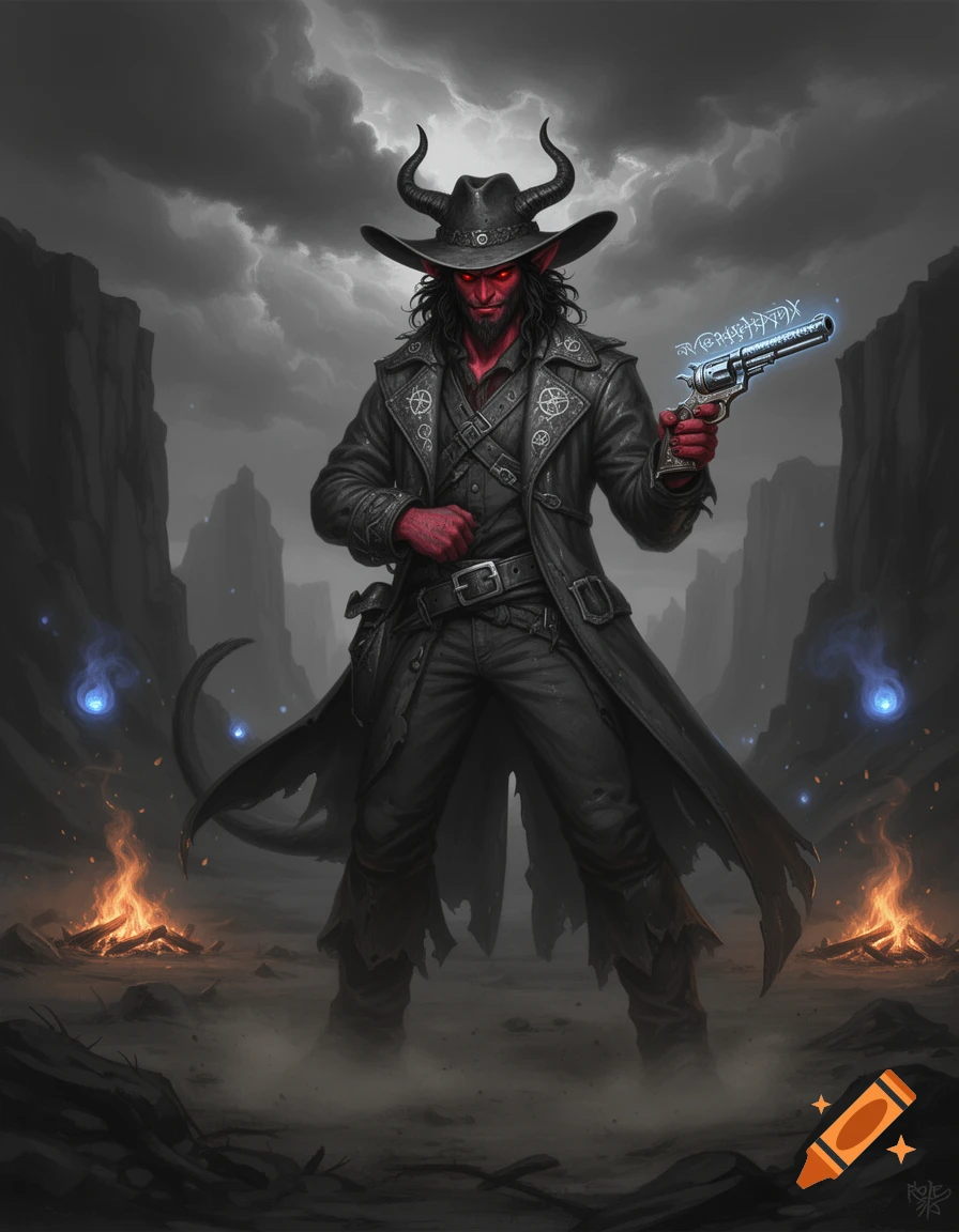 A grimdark fantasy illustration of a red-skinned, horned demon cowboy in a black duster coat, holding a glowing revolver in a desolate landscape.