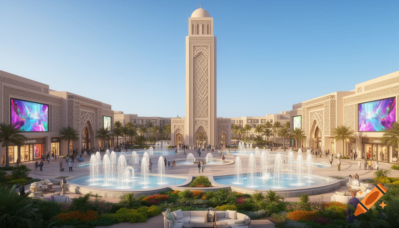 A grand plaza with a tall, intricately designed tower at its center, surrounded by buildings, fountains, palm trees, and people.