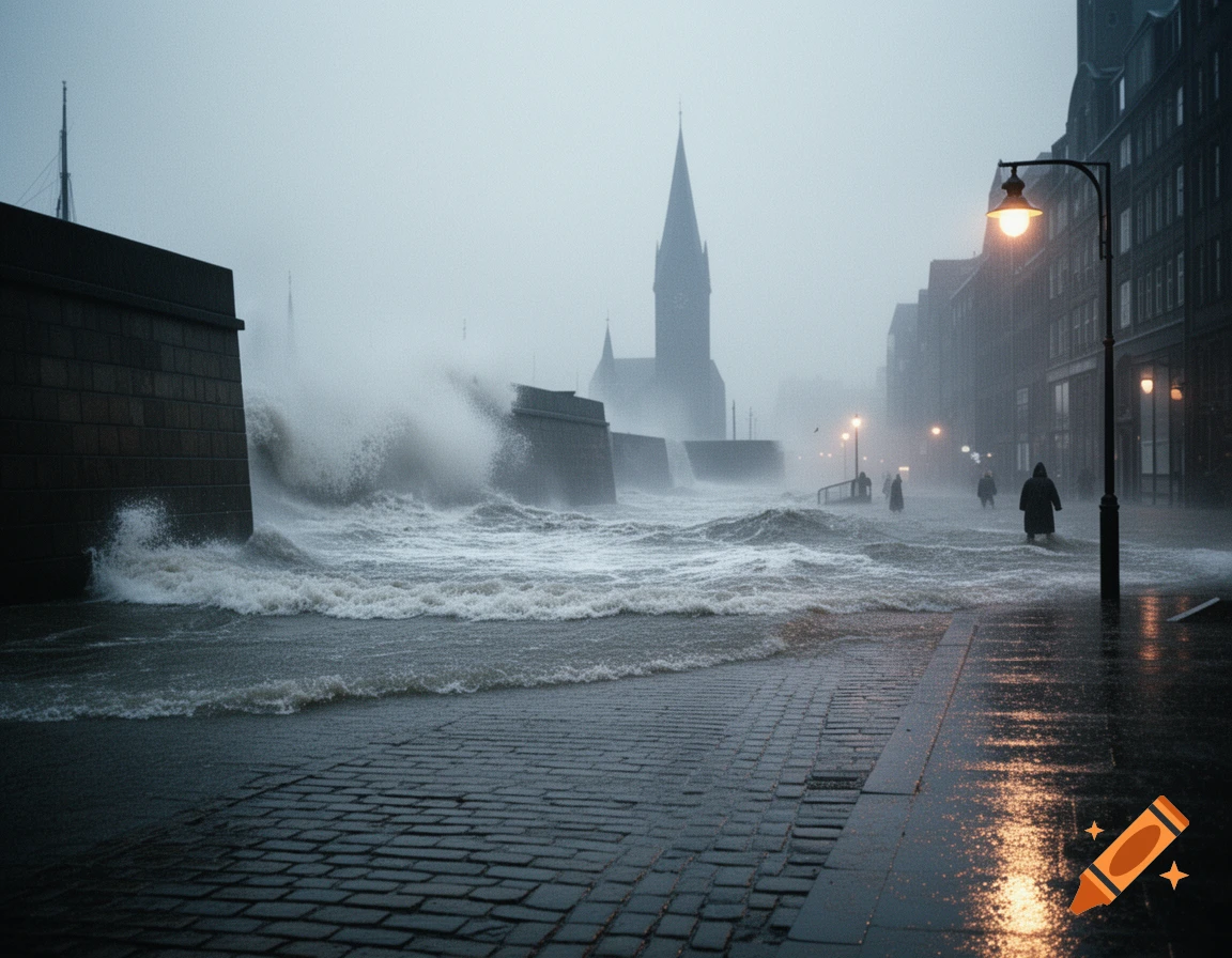 A photorealistic image of a flooded city street during a storm. Large waves crash against a stone wall, while figures walk through the water on a cobblestone street. A church steeple rises in the misty background.