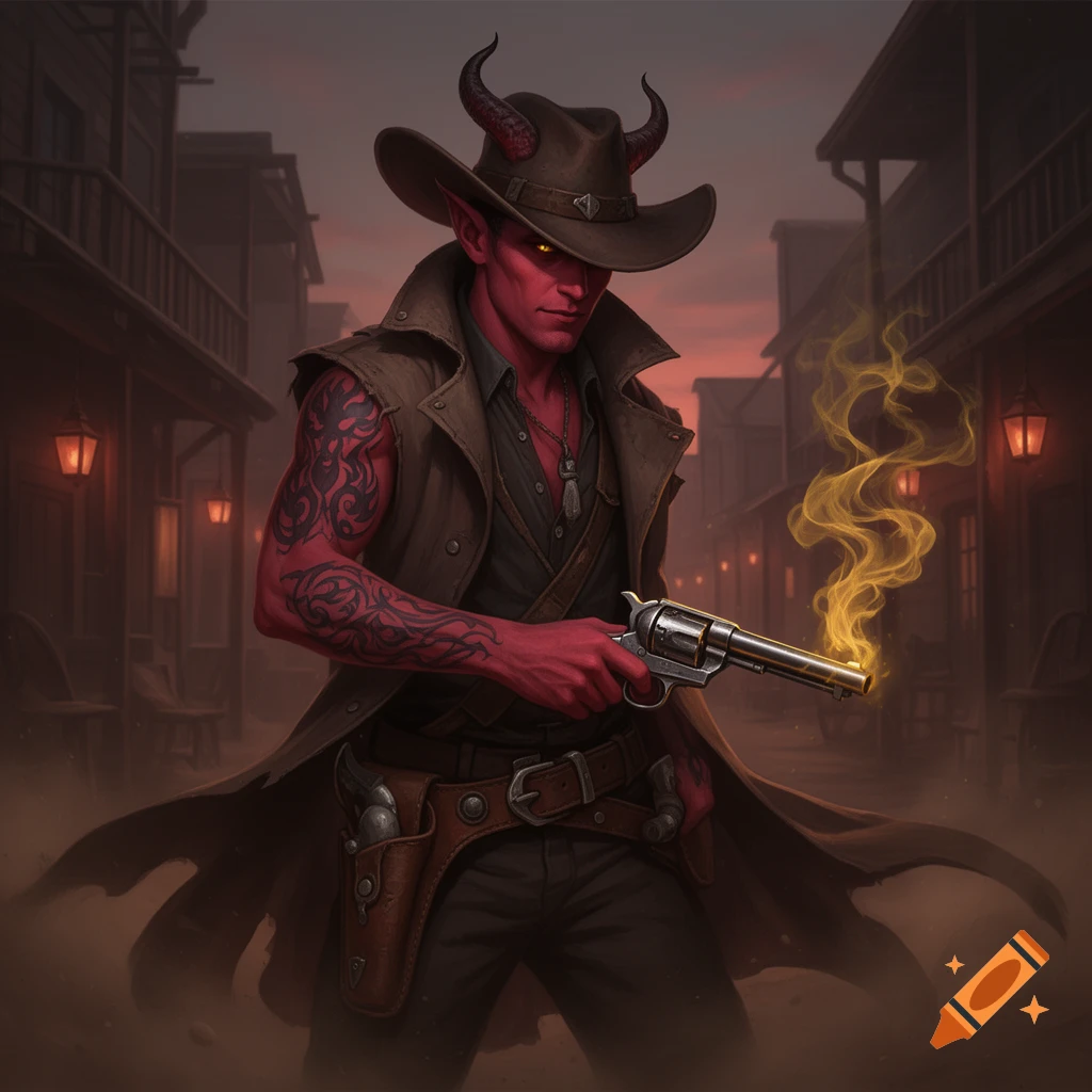 A red-skinned Tiefling cowboy in a duster coat, hat, and tattoos holds a smoking revolver in a dusty western town at dusk.