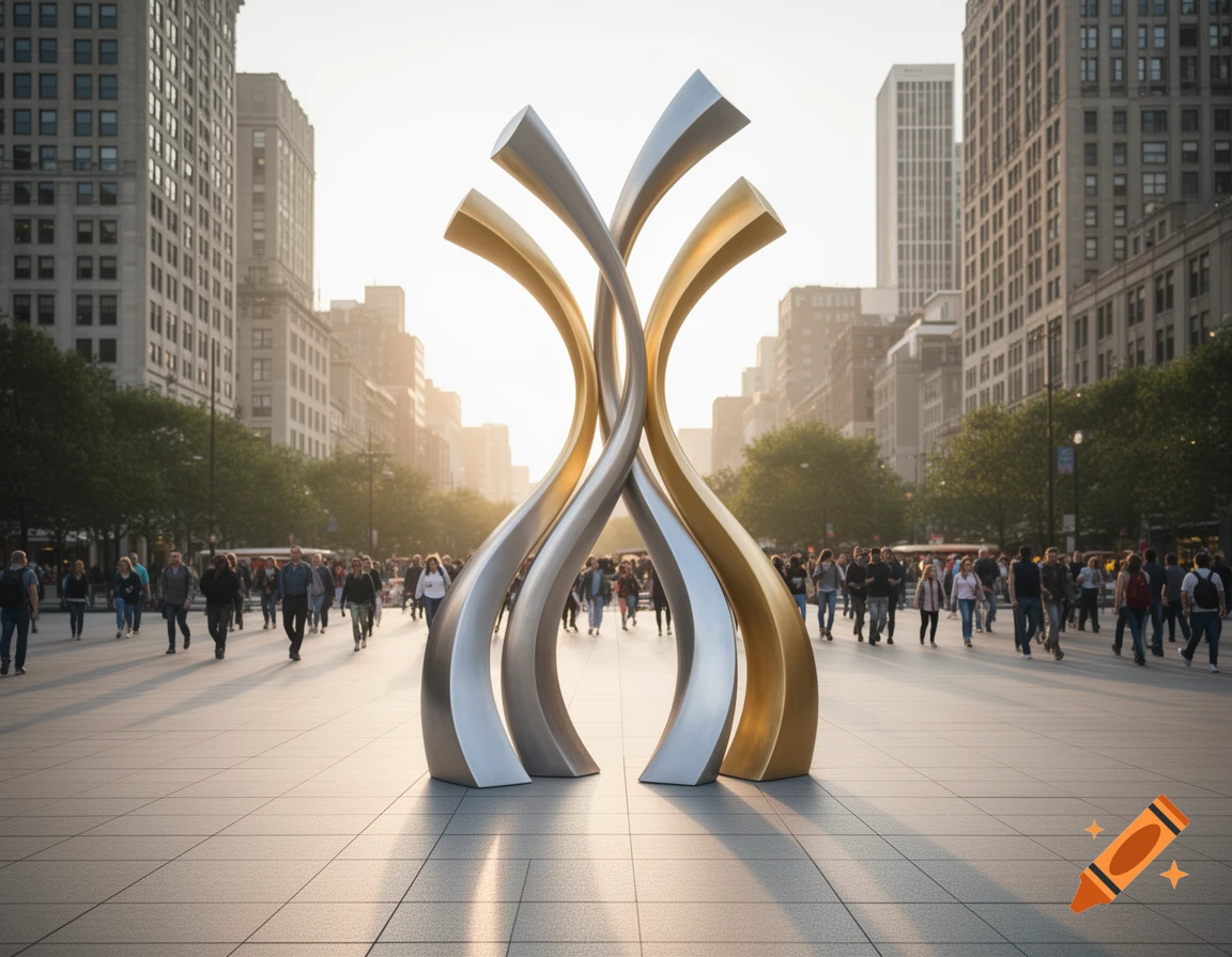 A modern abstract public sculpture with intertwining silver and gold ribbons stands in a bustling city plaza at sunset.