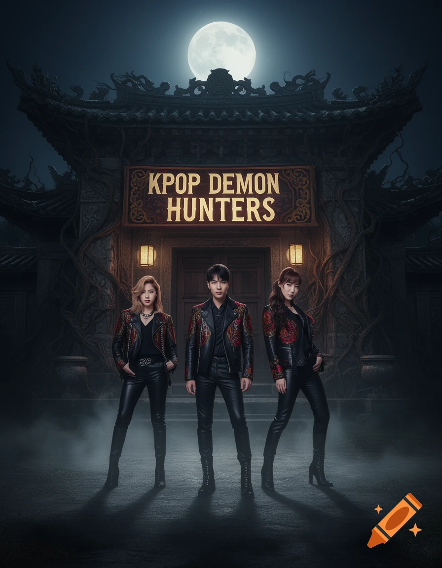 Three K-Pop styled demon hunters in leather stand before an ancient temple under a full moon, with a sign reading 'KPOP DEMON HUNTERS'.