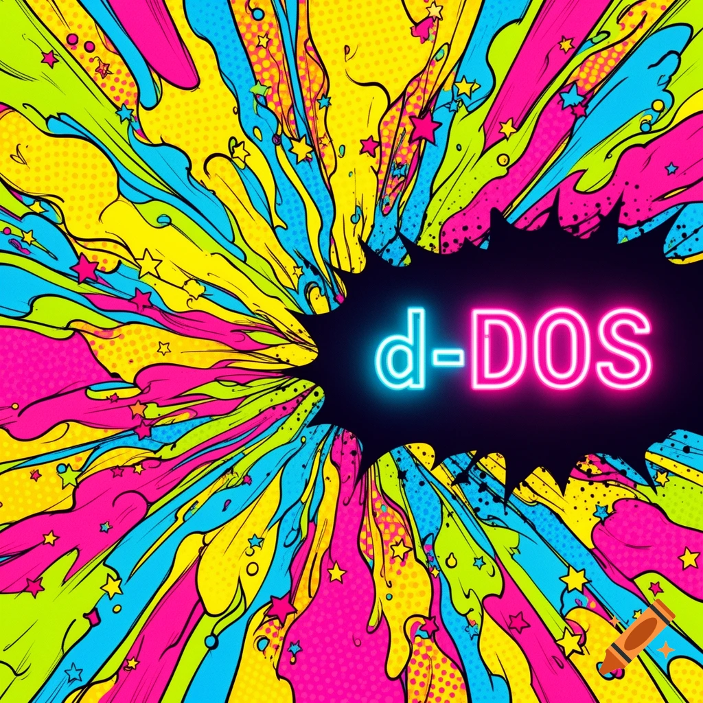 Vibrant pop art explosion with neon 'd-DOS' text against a black speech bubble, featuring colorful splatters, stars, and halftone dots.