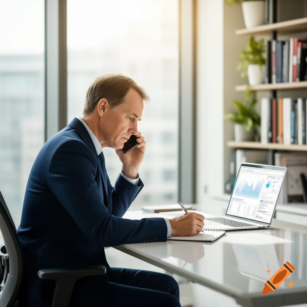 A man in a suit talks on a phone while taking notes at a desk with a laptop showing graphs in an office.