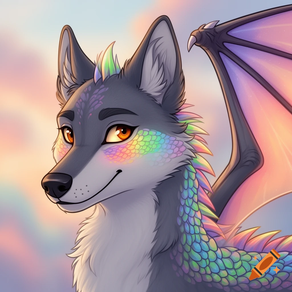 A cartoon furry wolf-dragon hybrid with rainbow scales and a pastel-colored wing, smiling against a soft, colorful sky.