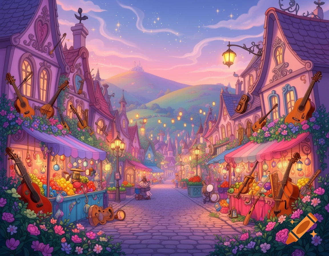 A vibrant, Disney-inspired fantasy street scene at dusk with whimsical buildings, shops displaying musical instruments, and glowing lanterns under a starry sky.