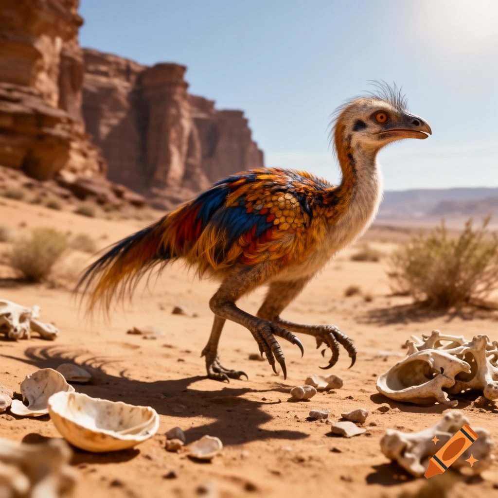 A colorful Oviraptor-like dinosaur with orange eyes walks in a sunny desert with bones and rock formations.