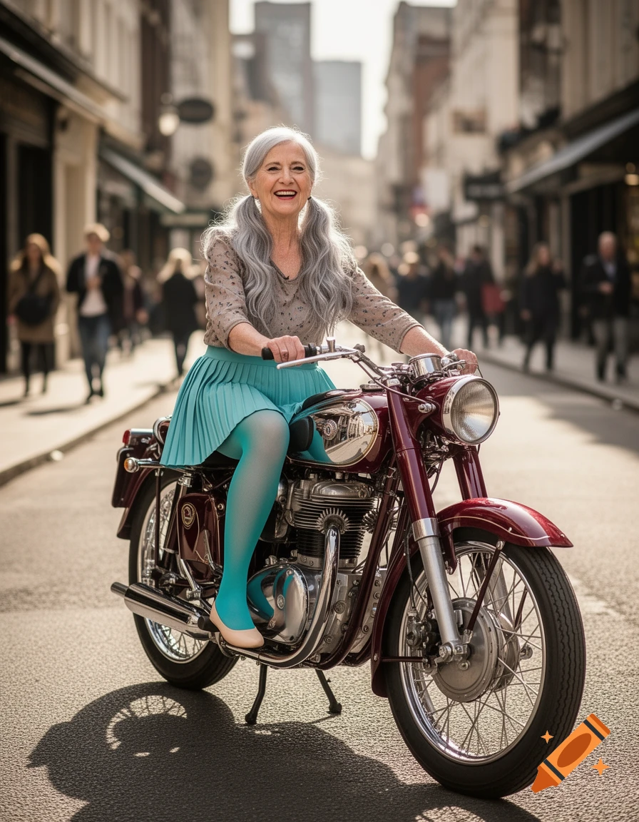 An older woman with gray pigtails, wearing a pleated skirt and blue pantyhose, smiles while sitting on a vintage maroon motorbike on a city street.