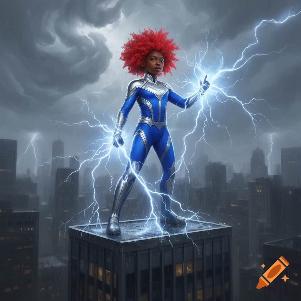 A child superhero with red frizzy hair stands on a rooftop, summoning blue lightning over a city under a stormy sky.