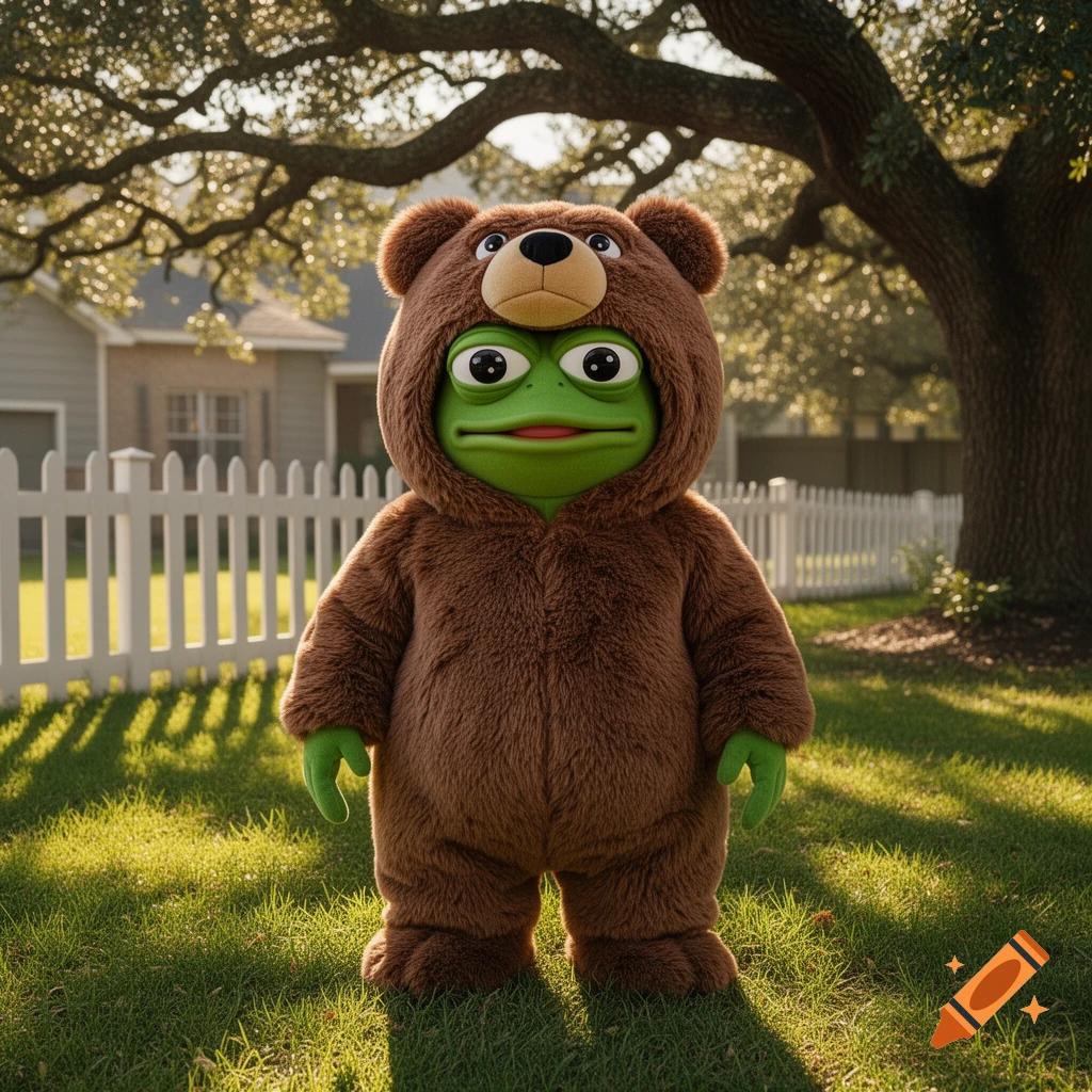 A photorealistic green frog character, Pepe, in a brown bear costume, stands in a grassy yard with a white fence and trees.