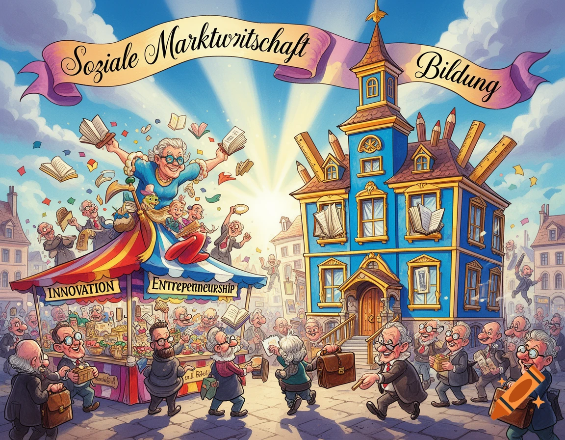 A vibrant cartoon caricature depicts a bustling market scene with many people, flying books, and a building decorated with pencils and rulers, under banners reading "Soziale Marktwirtschaft" and "Bildung".