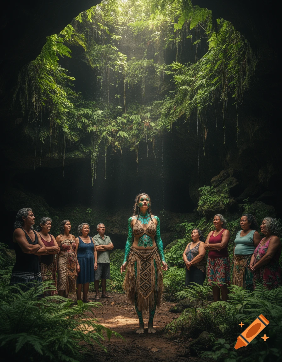 A woman with green body paint and tribal attire stands prominently in a lush, sunlit cave, surrounded by a group of onlookers.