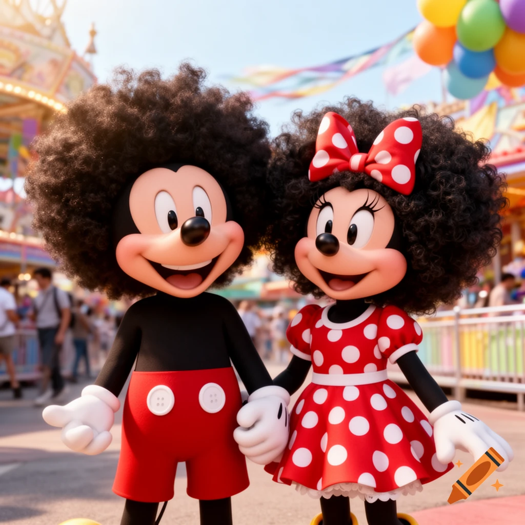 Mickey Mouse and Minnie Mouse with large afros hold hands and smile at an amusement park.