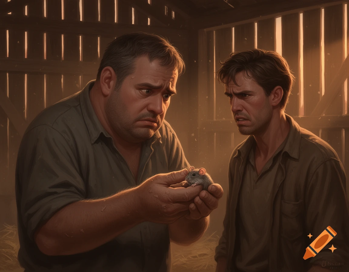 A large man sadly holds a limp mouse, while a smaller man next to him looks angry in a barn, dramatic realistic style.