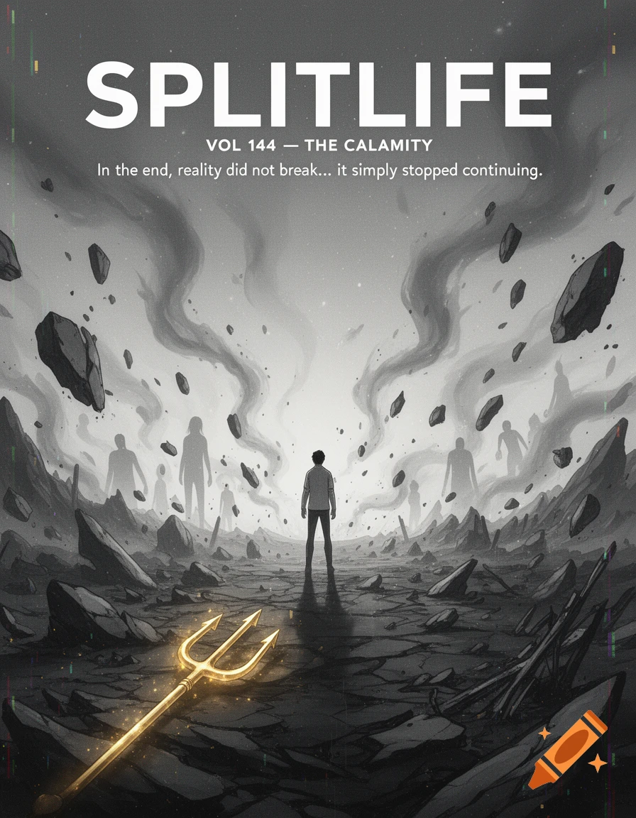 A lone figure stands in a shattered, smoky grey landscape with floating rocks, ghostly silhouettes, and a golden trident. Text reads 'SPLITLIFE'.