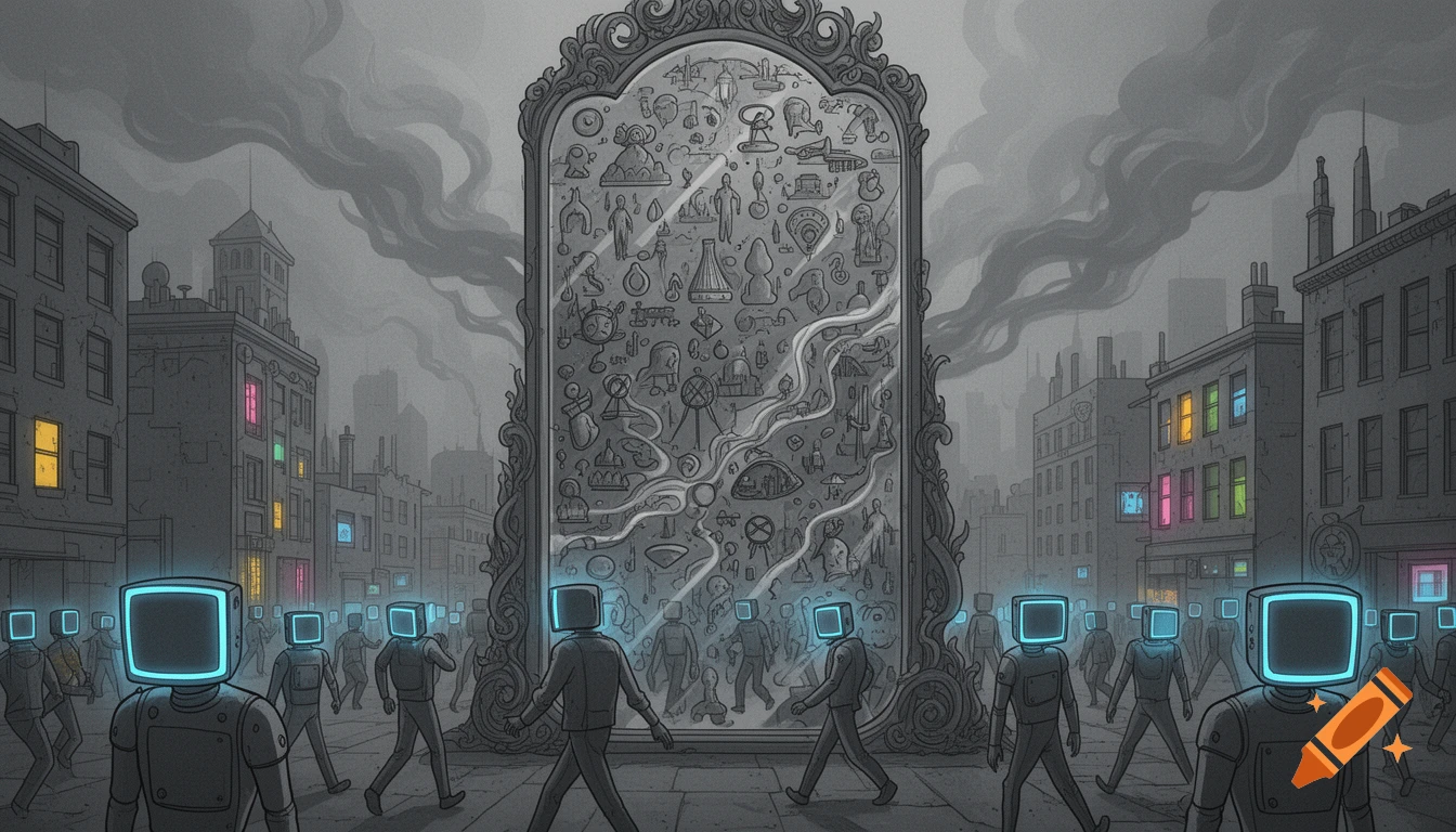Dystopian illustration of people with TV heads walking towards a large ornate mirror reflecting abstract symbols, in a gray city.