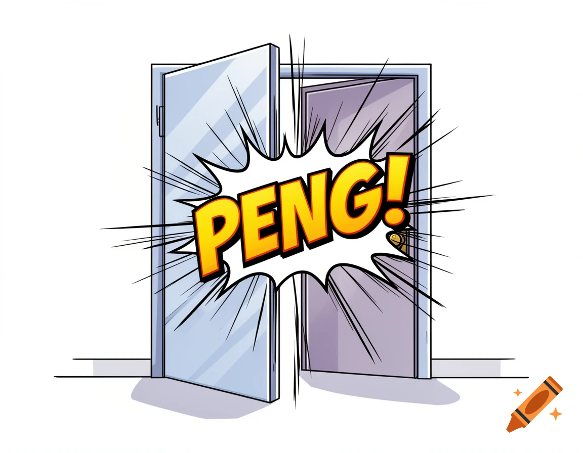 A comic style illustration of two doors, one slightly ajar, with a large 'PENG!' sound effect in a speech bubble.