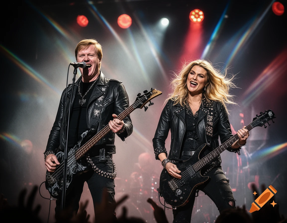 A man and a woman in leather jackets playing electric guitars and singing on a brightly lit concert stage.