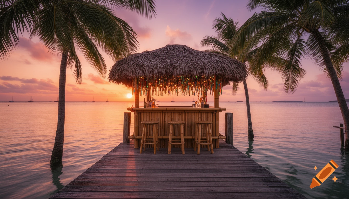 A photorealistic thatched tiki bar with stools on a wooden dock, extending into a calm bay at a vibrant sunset.