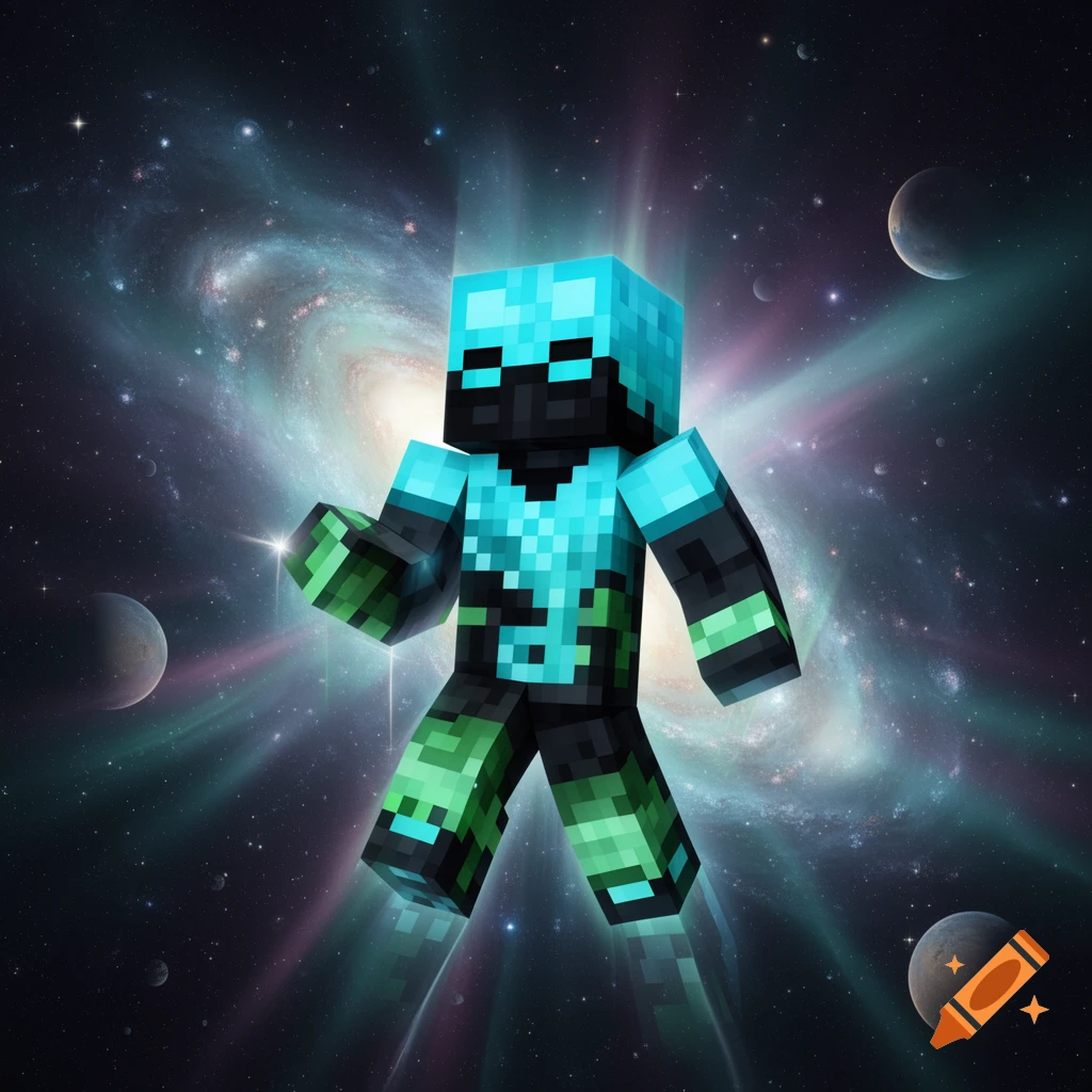 A pixelated Minecraft-style character in blue, black, and green armor floats in space with a glowing galaxy and planets.