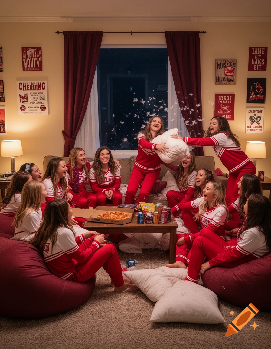 A group of teenage girls in red and white pajamas having a lively pillow fight in a cozy living room, with pizza and drinks on a coffee table.