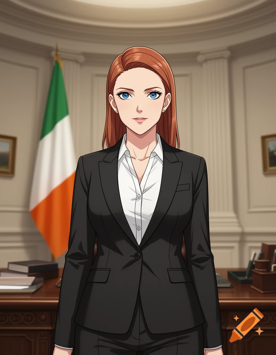 Anime-style portrait of a red-haired woman in a black suit, standing in an office with an Irish flag.