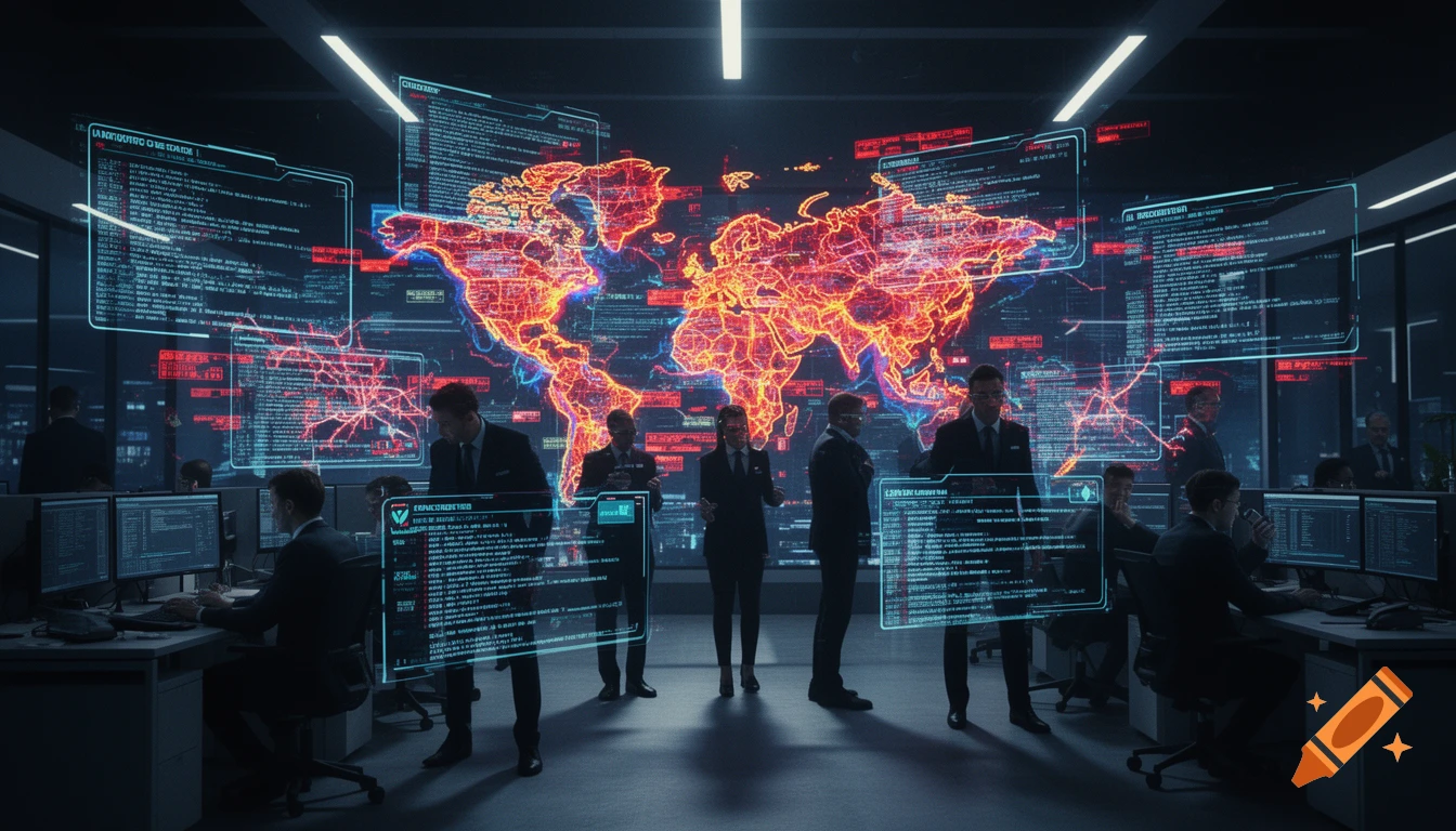 Futuristic cybersecurity operations center with analysts monitoring holographic screens and a glowing red world map, depicting a cyber attack.
