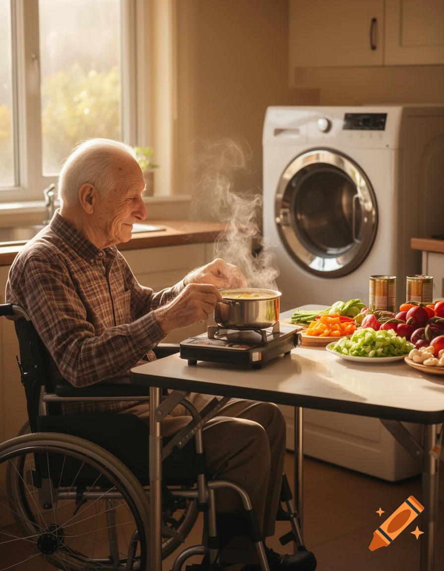 An elderly man in a wheelchair cooks soup on a portable stove at a table, surrounded by chopped vegetables in a sunlit kitchen.