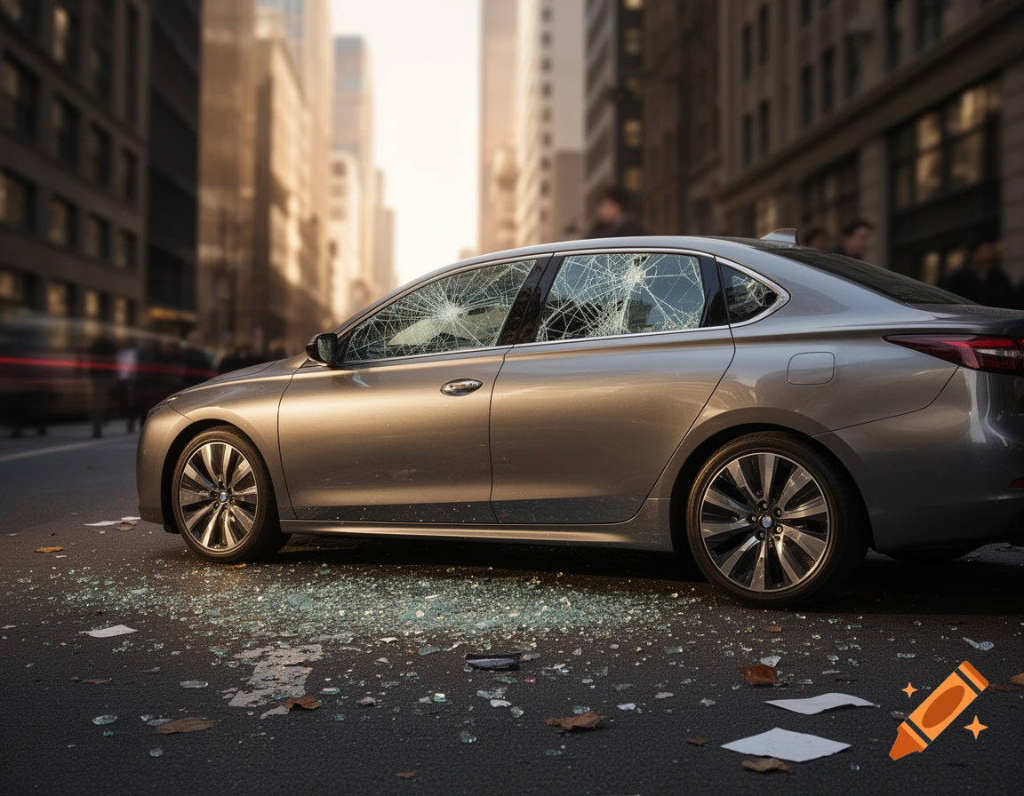 A grey sedan with shattered windows and glass on the street in a city, seen in a photorealistic style.
