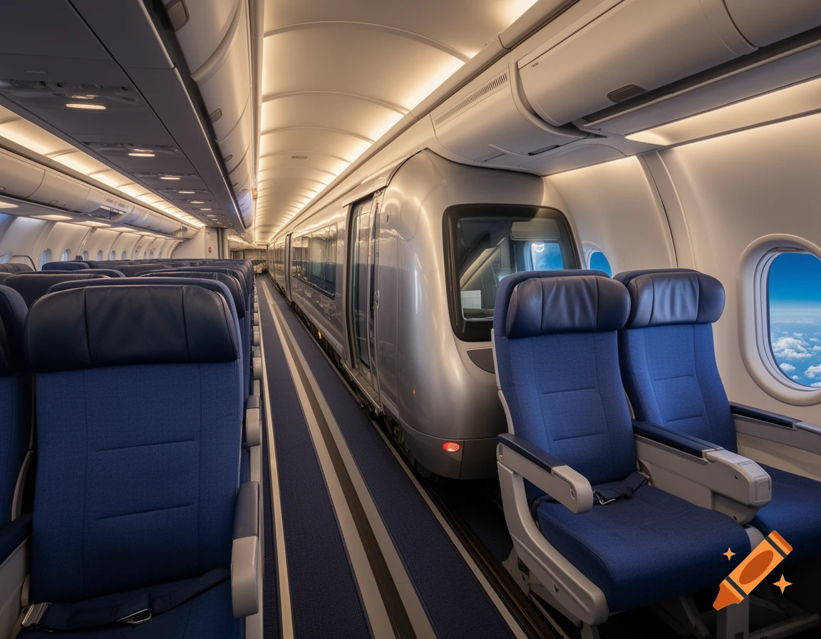 A surreal interior view of an airplane cabin with blue seats, featuring a silver train car running down the aisle.
