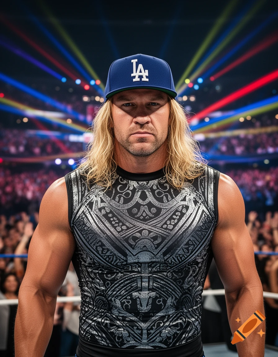 A male wrestler with long blonde hair and an LA Dodgers hat stands in a brightly lit arena.